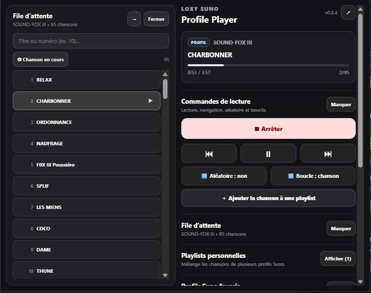 Popup de Loxy Suno Profile Player avec la file d’attente SOUND-FOX III