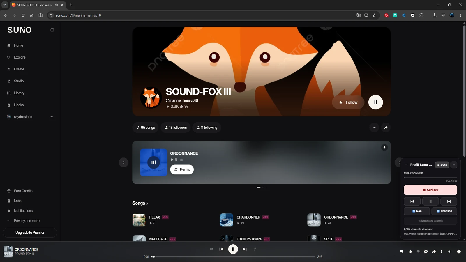 Page du profil SOUND-FOX III sur Suno avec le panneau flottant de l’extension